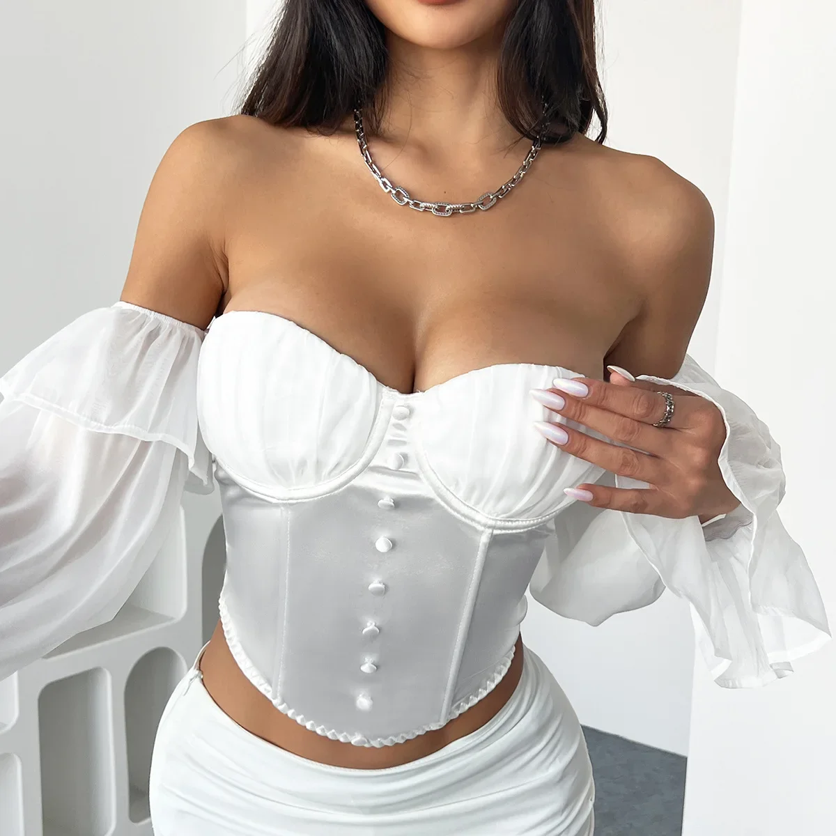 White Shirt Women Clothing Summer 2025 Retro Slim Fit with Flared Sleeves Tops Fashionable and Versatile Sexy T-shirt Streetwear - Image 5