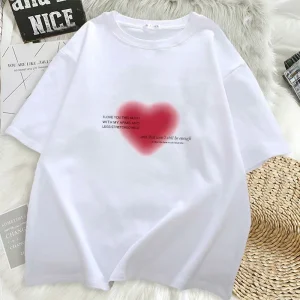Kawaii Women T-shirt Harajuku Sweet Heart Print Anime Letter Tops Y2k Short Sleeves Ins Tees Aesthetic Clothing