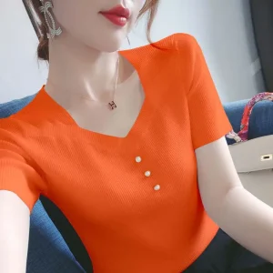 Elegant V-Neck Knitted Solid Color Beading T-Shirts Women's Clothing 2025 Summer New Slim All-match Tops Chic Tee Shirt