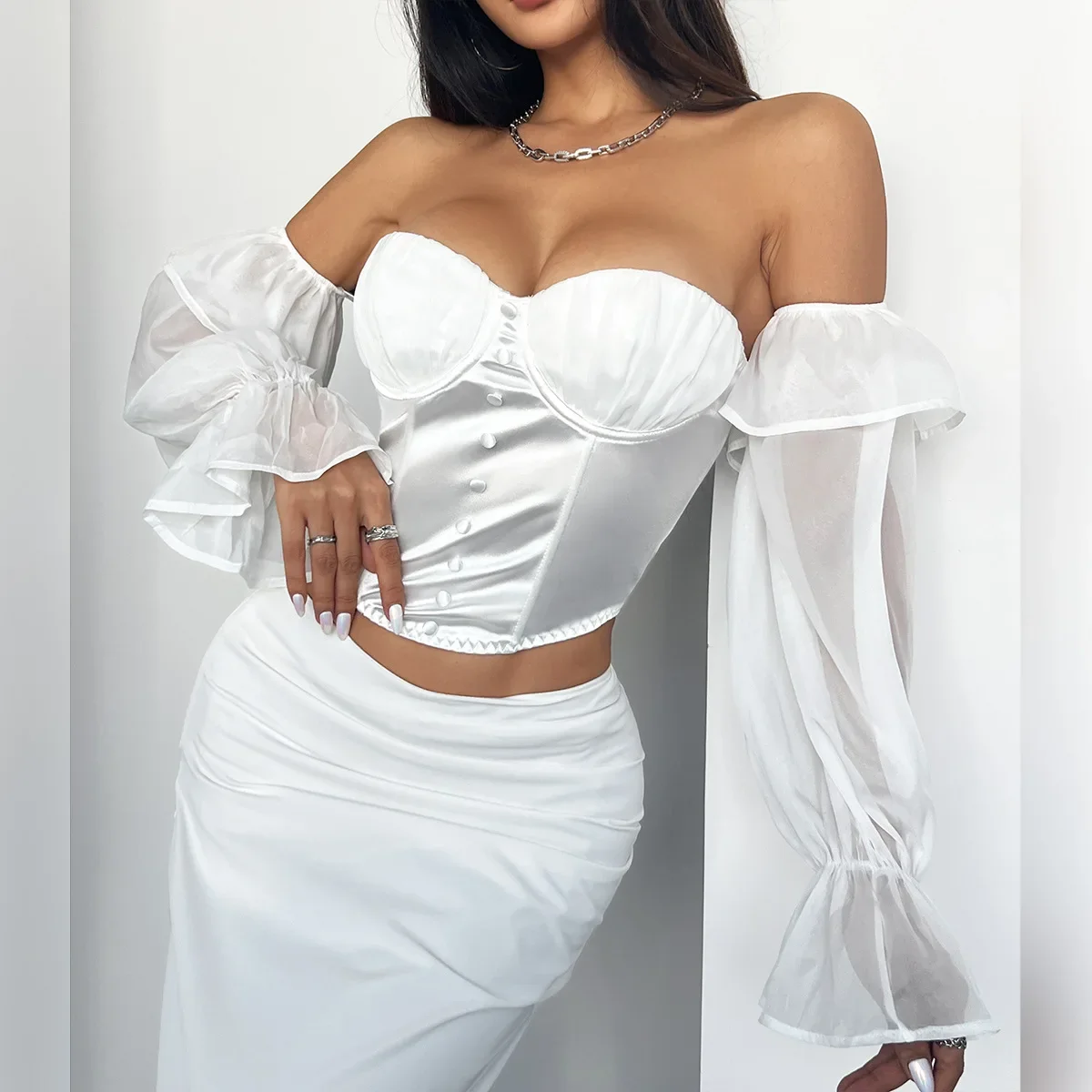 White Shirt Women Clothing Summer 2025 Retro Slim Fit with Flared Sleeves Tops Fashionable and Versatile Sexy T-shirt Streetwear - Image 2