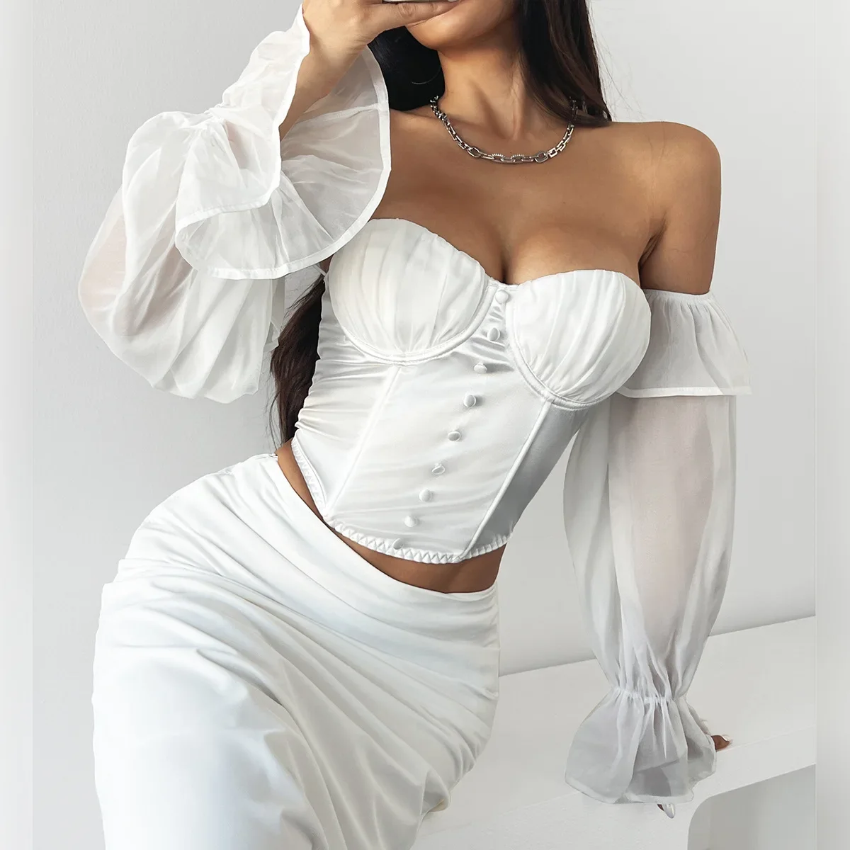 White Shirt Women Clothing Summer 2025 Retro Slim Fit with Flared Sleeves Tops Fashionable and Versatile Sexy T-shirt Streetwear - Image 3
